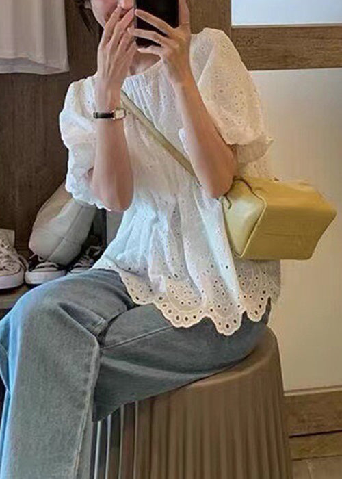 New White O Neck Hollow Out Cotton Shirt Puff Sleeve