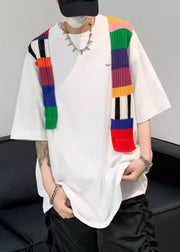 New White O Neck Patchwork Cotton T Shirt Men Half Sleeve