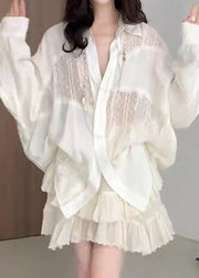 New White Peter Pan Collar Patchwork Shirts And Skirts Cotton Two Pieces Set Fall