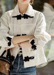 New White Peter Pan Collar Pockets Chinese Button Denim Jackets Spring