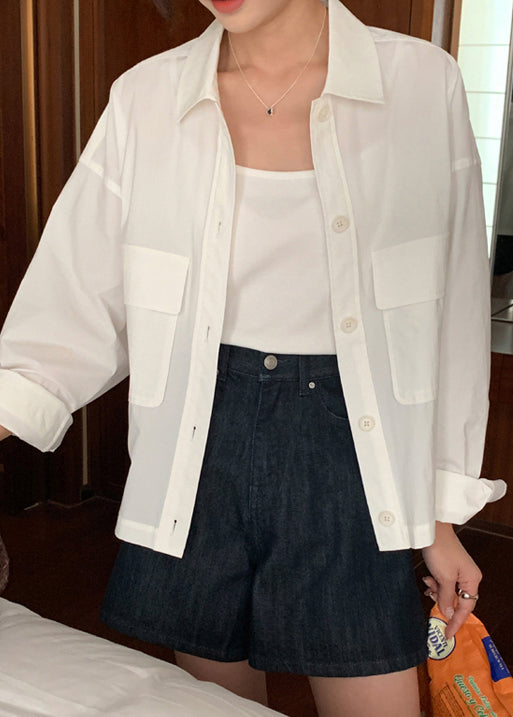 New White Peter Pan Collar Pockets Cotton Coat Fall