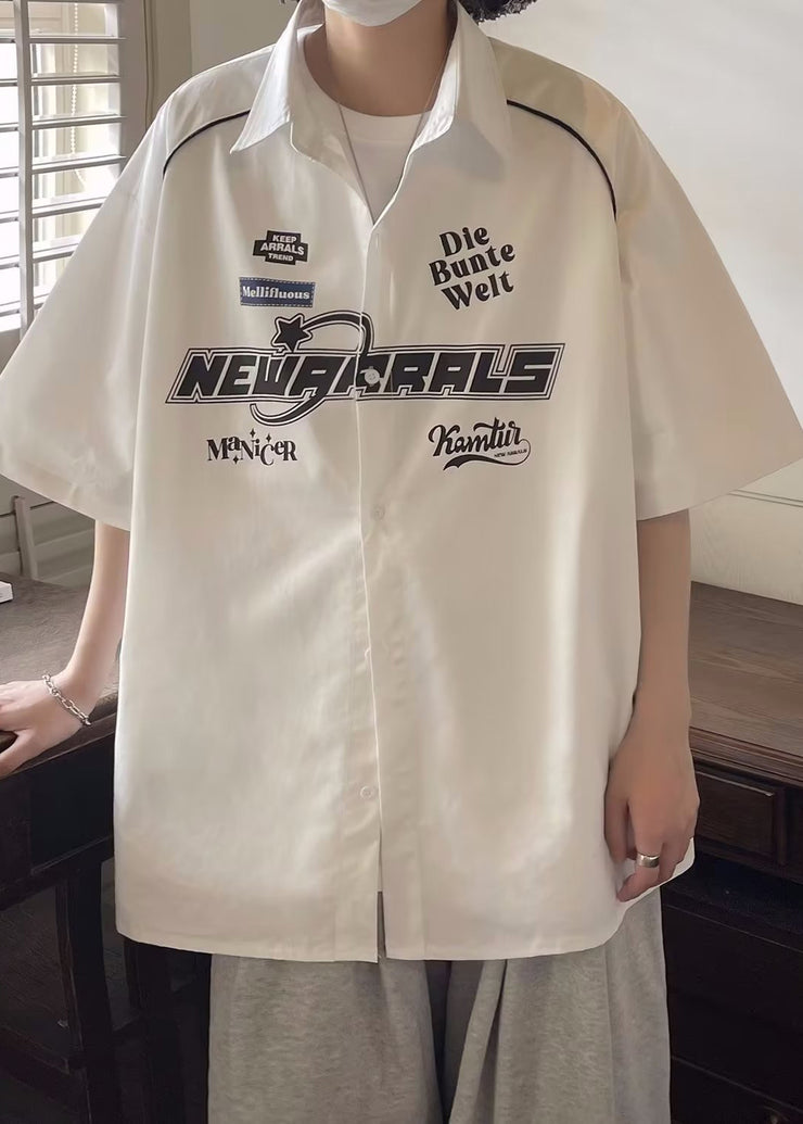 New White Peter Pan Collar Print Cotton Men Shirts Half Sleeve