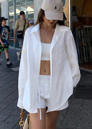 New White Peter Pan Collar Shirts And Shorts Linen Outfit Summer