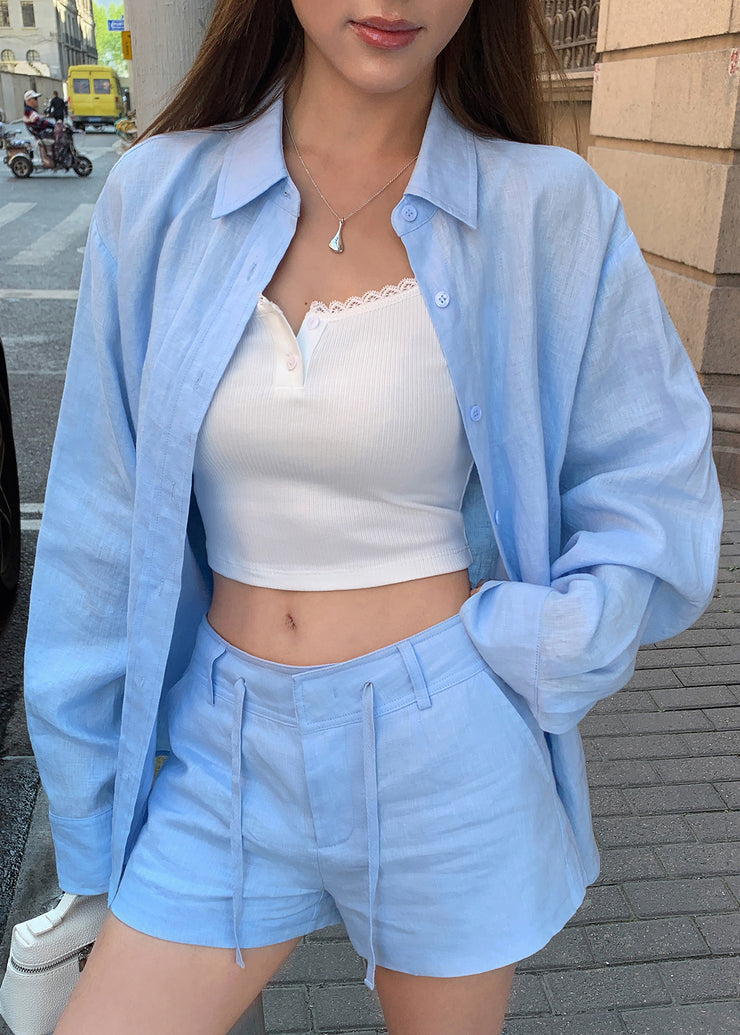 New White Peter Pan Collar Shirts And Shorts Linen Outfit Summer