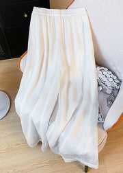 New White Pockets Elastic Waist Elastic Waist Linen Crop Pants