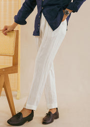 New White Pockets Elastic Waist Linen Mens Straight Pants Summer