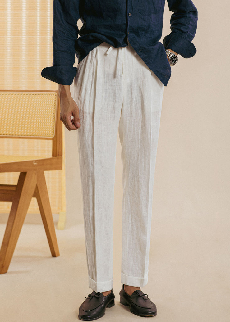 New White Pockets Elastic Waist Linen Mens Straight Pants Summer