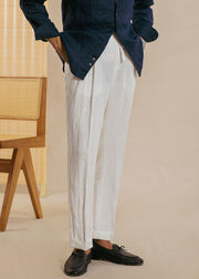 New White Pockets Elastic Waist Linen Mens Straight Pants Summer