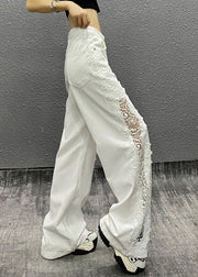 New White Pockets Hollow Out Floral Patchwork Denim Straight Pants Fall