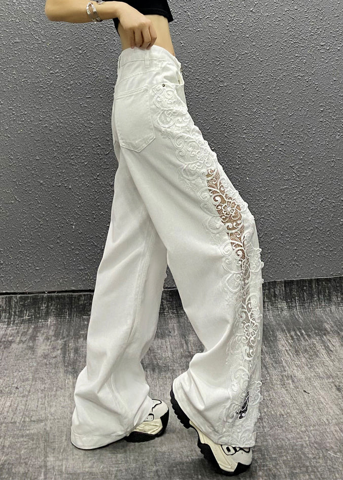 New White Pockets Hollow Out Floral Patchwork Denim Straight Pants Fall