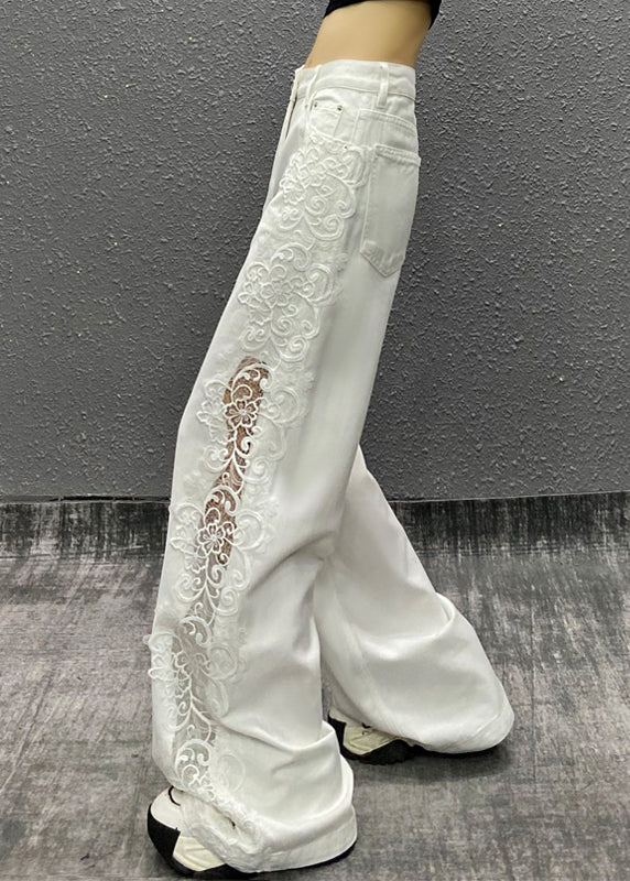 New White Pockets Hollow Out Floral Patchwork Denim Straight Pants Fall