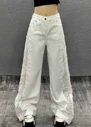 New White Pockets Hollow Out Floral Patchwork Denim Straight Pants Fall
