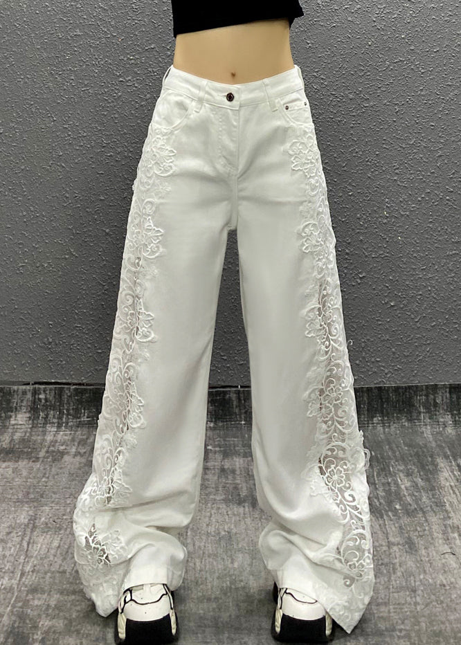 New White Pockets Hollow Out Floral Patchwork Denim Straight Pants Fall