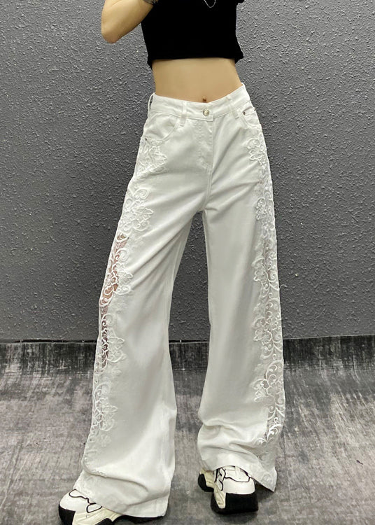 New White Pockets Hollow Out Floral Patchwork Denim Straight Pants Fall