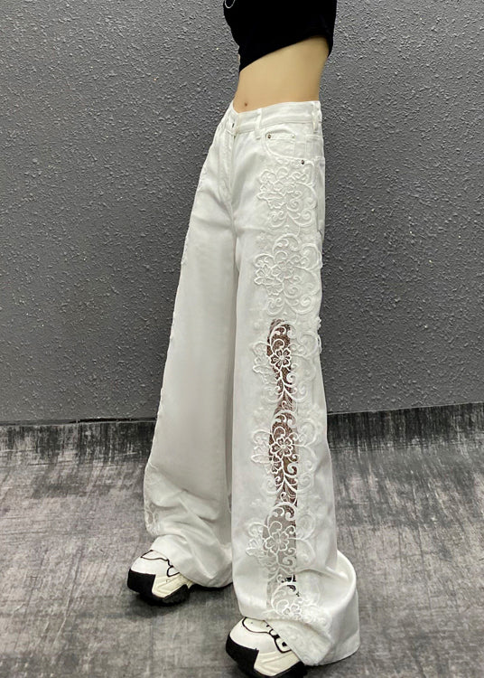 New White Pockets Hollow Out Floral Patchwork Denim Straight Pants Fall