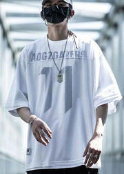 New White Print Hollow Out Tulle Fake Two Piece T Shirts For Men Summer