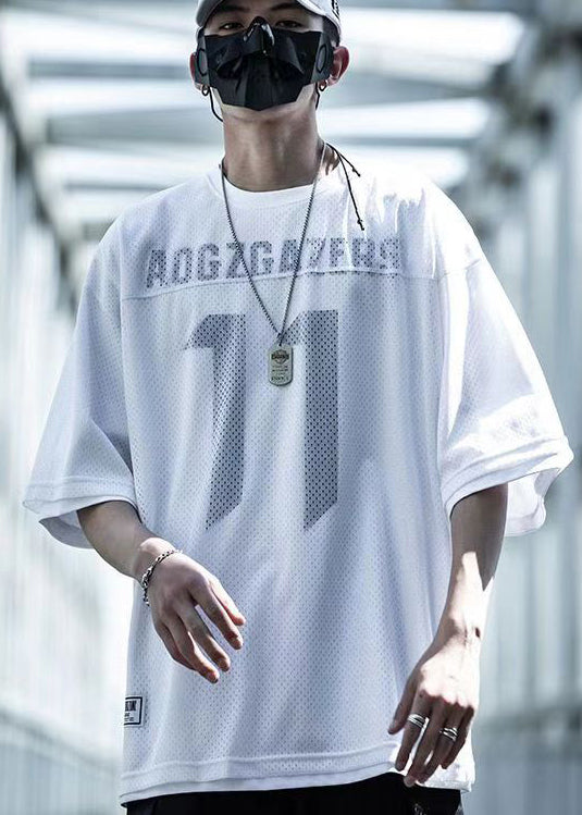 New White Print Hollow Out Tulle Fake Two Piece T Shirts For Men Summer