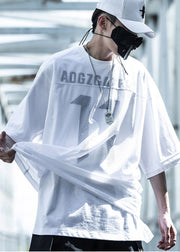 New White Print Hollow Out Tulle Fake Two Piece T Shirts For Men Summer