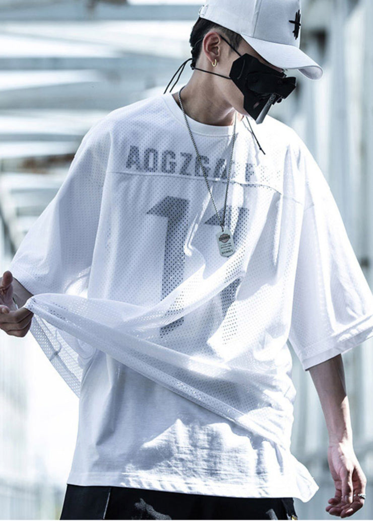 New White Print Hollow Out Tulle Fake Two Piece T Shirts For Men Summer