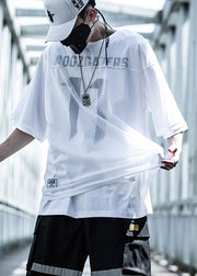 New White Print Hollow Out Tulle Fake Two Piece T Shirts For Men Summer