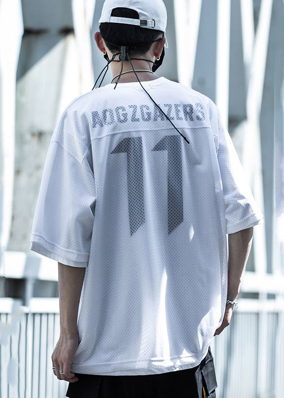 New White Print Hollow Out Tulle Fake Two Piece T Shirts For Men Summer