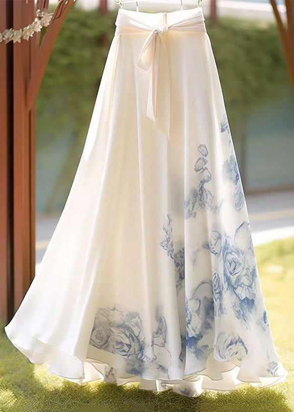 New White Print Lace Up Chiffon Maxi Skirts Summer