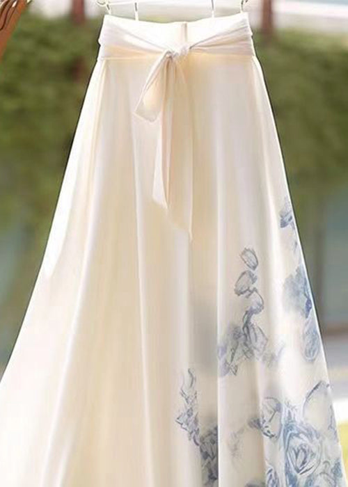 New White Print Lace Up Chiffon Maxi Skirts Summer
