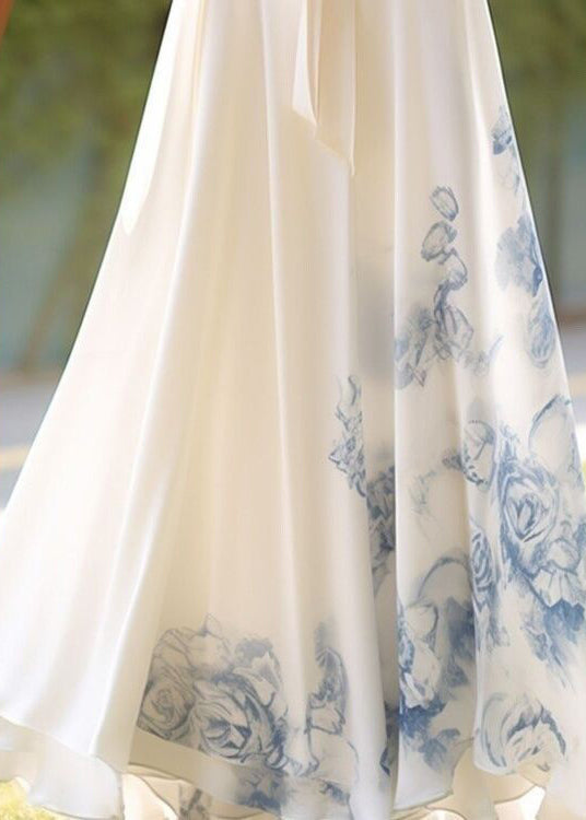New White Print Lace Up Chiffon Maxi Skirts Summer
