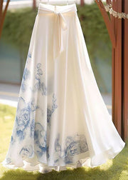 New White Print Lace Up Chiffon Maxi Skirts Summer
