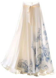 New White Print Lace Up Chiffon Maxi Skirts Summer