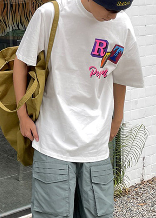 New White Print Oversized Cotton Men T Shirt Summer