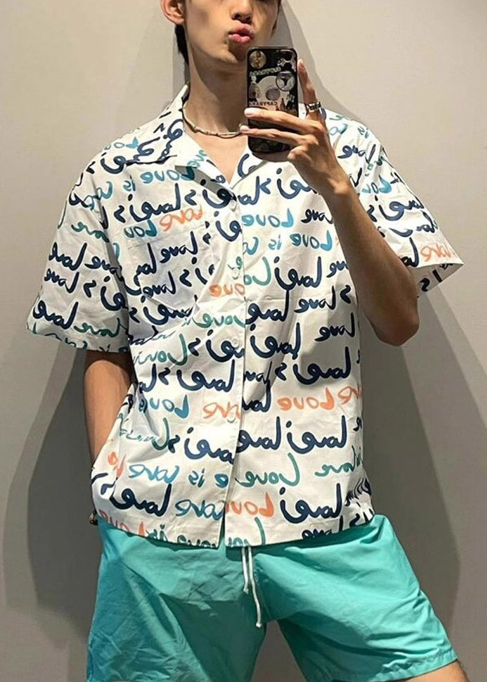 New White Print Pockets Cotton Shirts Mens Summer
