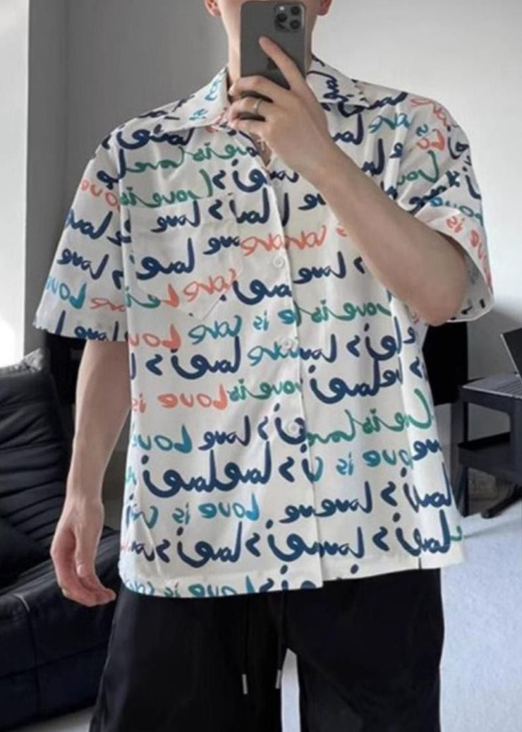 New White Print Pockets Cotton Shirts Mens Summer