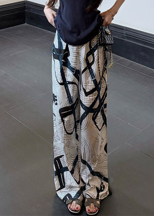 New White Print Thin High Waist Silk Pants Summer