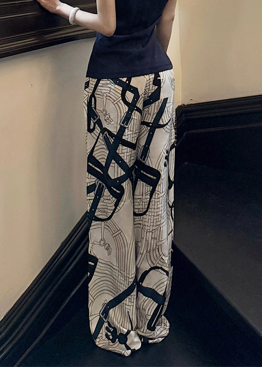 New White Print Thin High Waist Silk Pants Summer