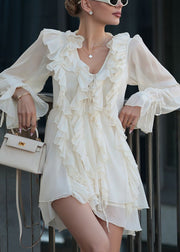 New White Ruffled Lace Up Chiffon Mini Dresses Fall