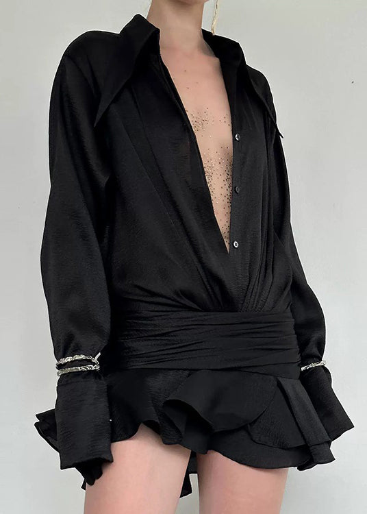 New White Ruffled Patchwork Chiffon Shirts Dress Long Sleeve