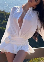 New White Ruffled Patchwork Chiffon Shirts Dress Long Sleeve