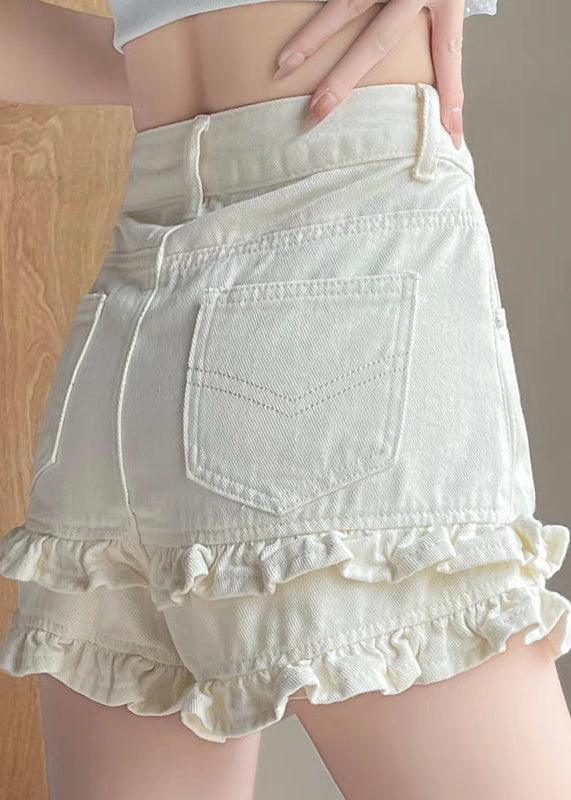 New White Ruffled Pockets Denim Shorts Summer