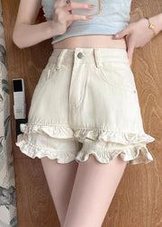 New White Ruffled Pockets Denim Shorts Summer