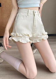 New White Ruffled Pockets Denim Shorts Summer