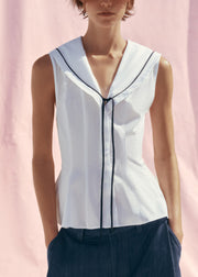 New White Sailor Collar Bow Cotton Shirt Sleeveless