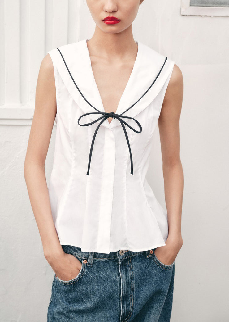 New White Sailor Collar Bow Cotton Shirt Sleeveless