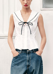 New White Sailor Collar Bow Cotton Shirt Sleeveless