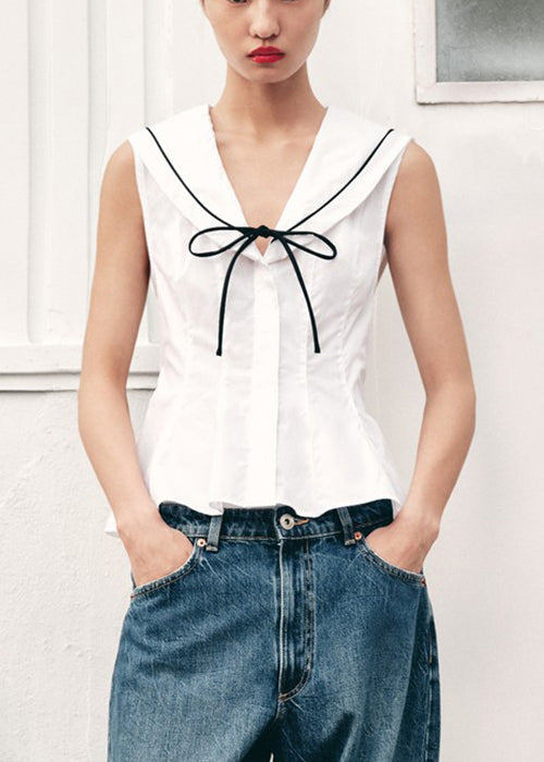 New White Sailor Collar Bow Cotton Shirt Sleeveless