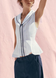 New White Sailor Collar Bow Cotton Shirt Sleeveless