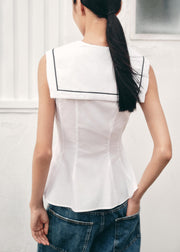New White Sailor Collar Bow Cotton Shirt Sleeveless