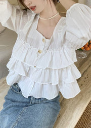 New White Square Collar Ruffled Cotton Shirts Fall
