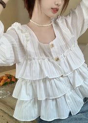 New White Square Collar Ruffled Cotton Shirts Fall