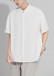 New White Stand Collar Button Ice Silk Men Shirts Summer